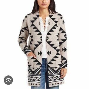 FRYE Women's Southwestern Jacquard Cardigan SZ Medium Tan Black Aztec Print Long